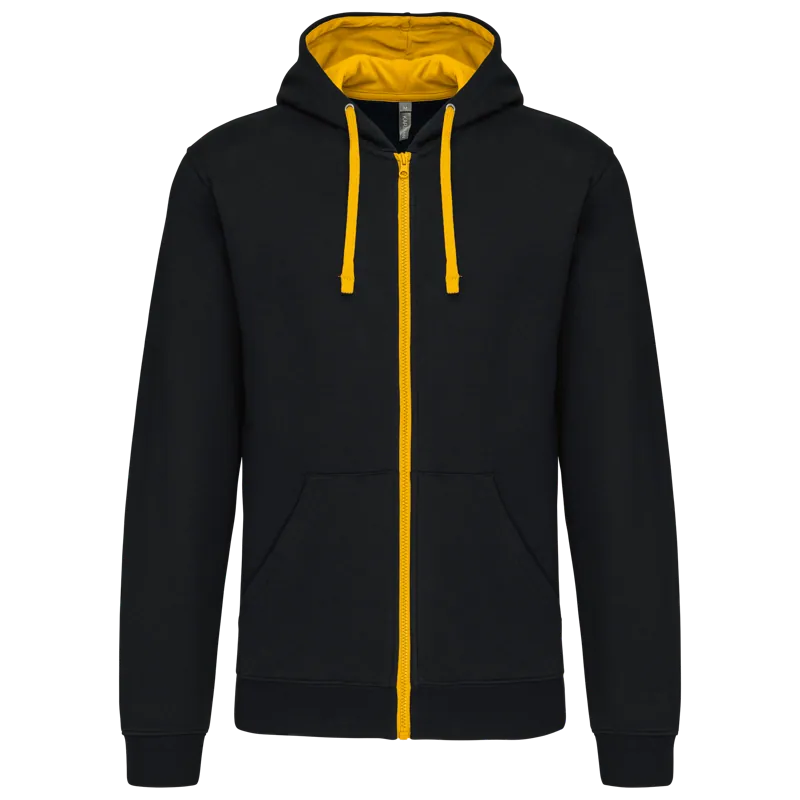 Herensweater met rits en capuchon in contrasterende kleur in Black / Yellow