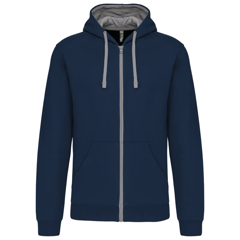 Herensweater met rits en capuchon in contrasterende kleur in Navy / Fine Grey