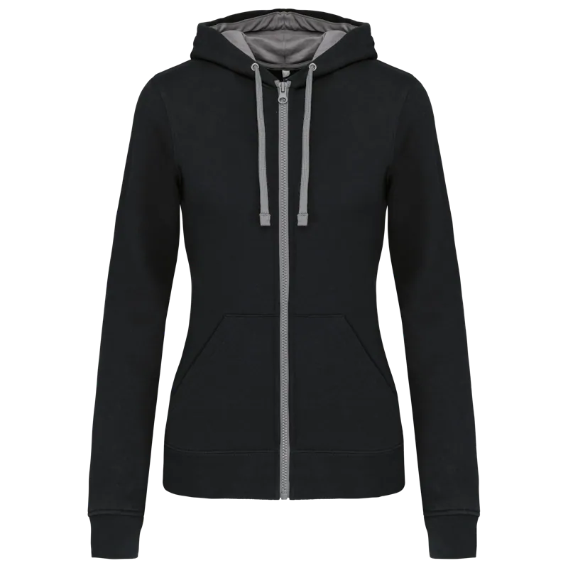 Damessweater met rits en capuchon in contrasterende kleur in Black / Fine Grey