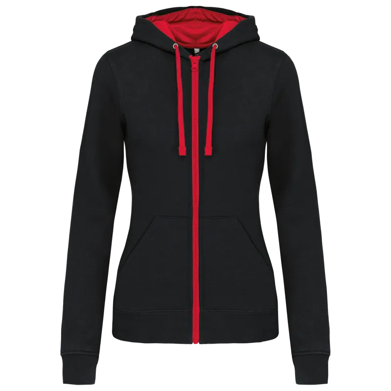Damessweater met rits en capuchon in contrasterende kleur in Black / Red