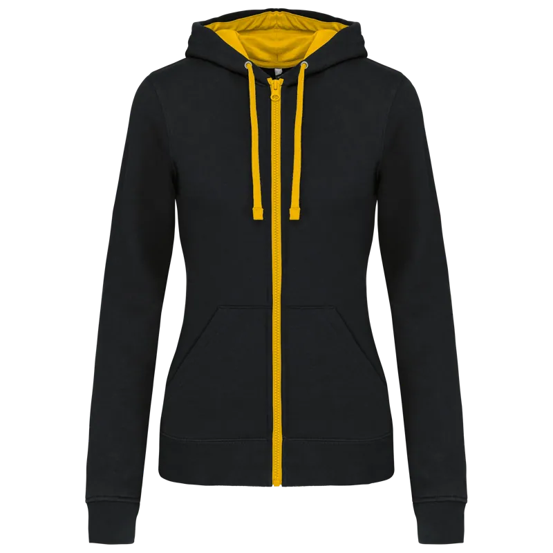 Damessweater met rits en capuchon in contrasterende kleur in Black / Yellow