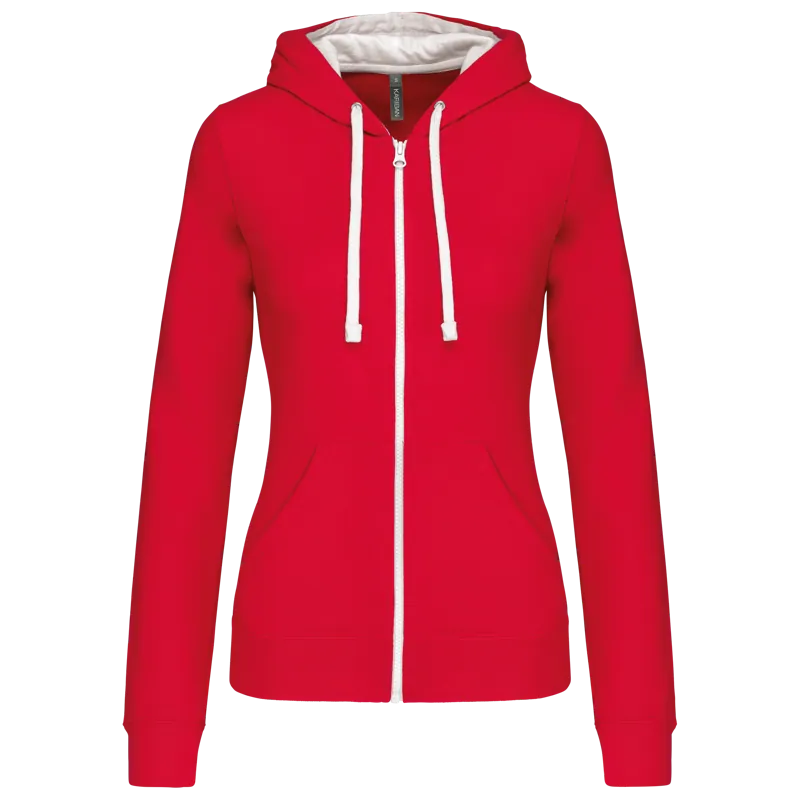 Damessweater met rits en capuchon in contrasterende kleur in Red / White