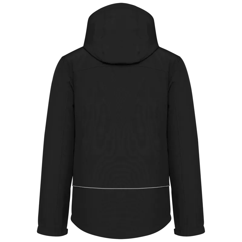 Gewatteerde softshell herenparka met capuchon in Black, achterkant