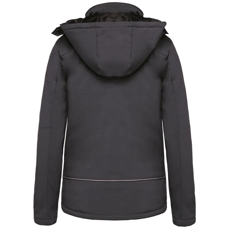 Gewatteerde softshell damesparka met capuchon in Titanium, achterkant