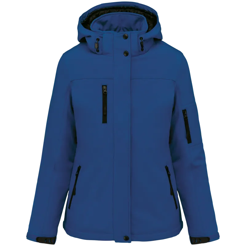 Gewatteerde softshell damesparka met capuchon in Dark Royal Blue