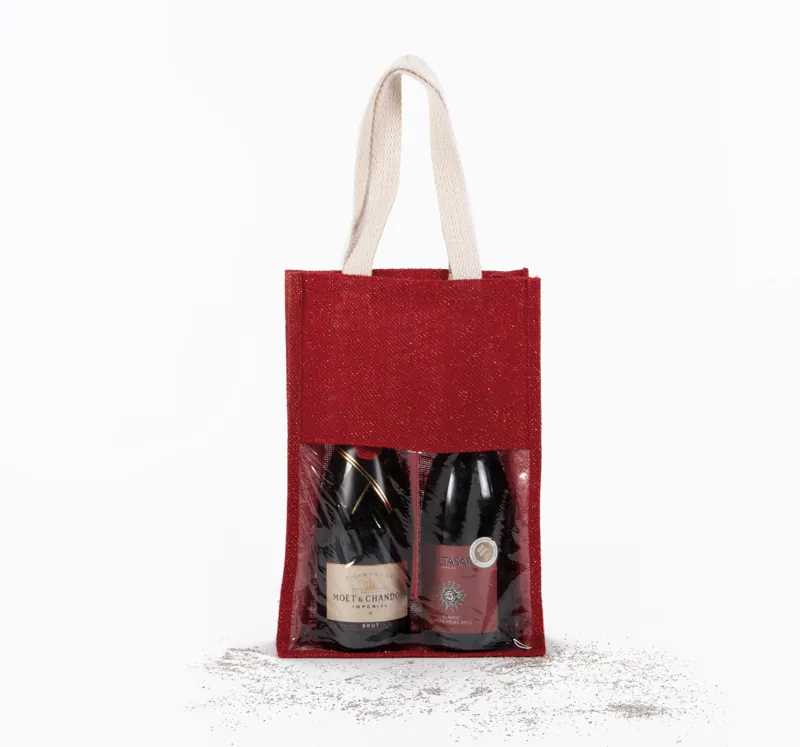 Flessentas van jute in Cherry Red / Gold