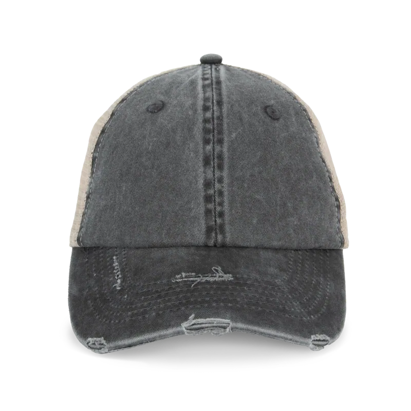 Ecologische uniseks truckerpet met verwassen look in Washed black / Beige