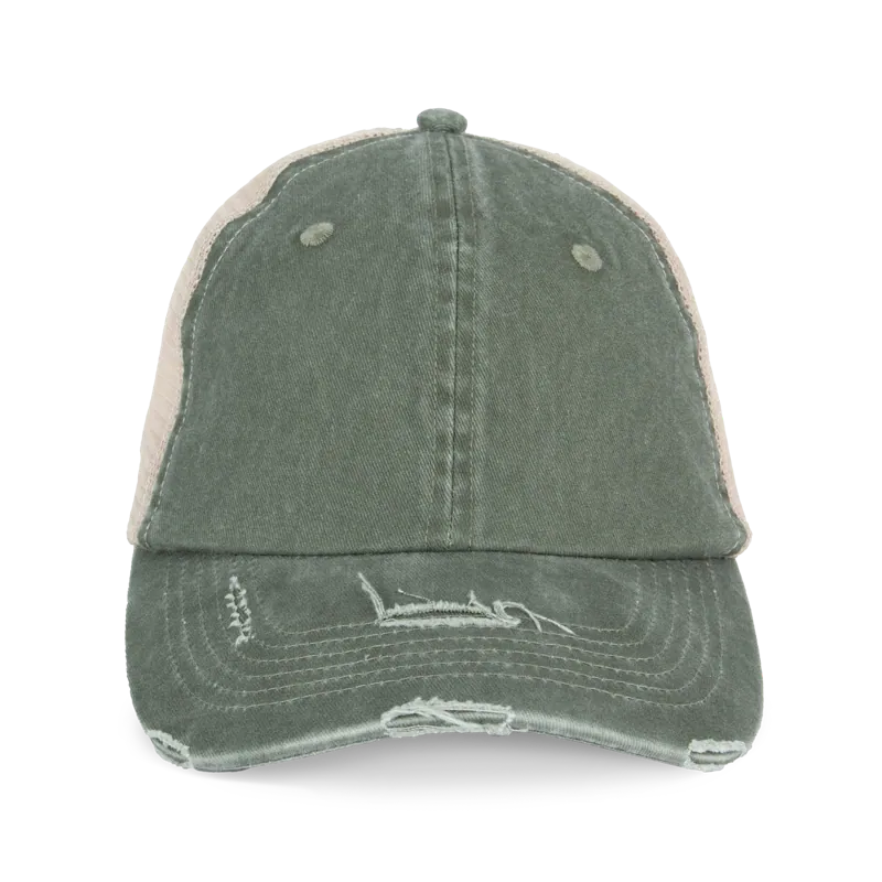 Ecologische uniseks truckerpet met verwassen look in Washed Organic Khaki / Beige